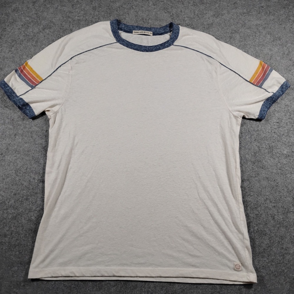 Marine Layer Men's Cream Re-Spun Retro Rainbow Stripe Ringer T-Shirt Size M/L